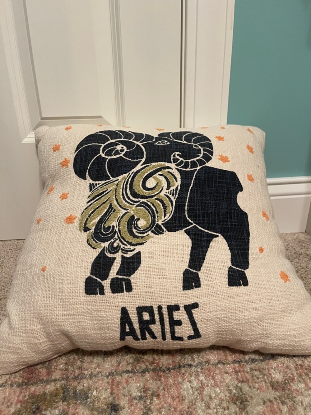 Aries Zodiac Decorative Throw Pillow in Cream and Navy